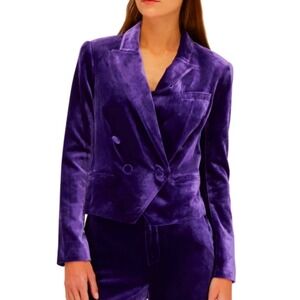 L'AGENCE Women's 16 Velvet crop Blazer Blue Viscose Silk Double‎ Breasted Jacket